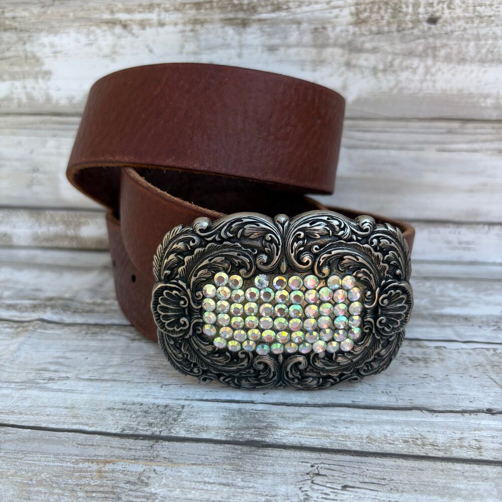 VTG Fossil Leather Belt Brown Sz M Rhinestone Embellished Cowgirl Western y2K‎